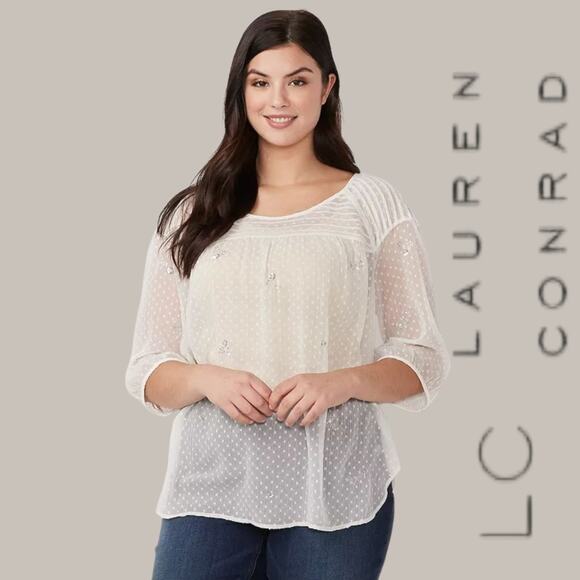 LC Lauren Conrad Women’s Medium White Chiffon Peasant Top Semi-Sheer - Picture 8 of 9